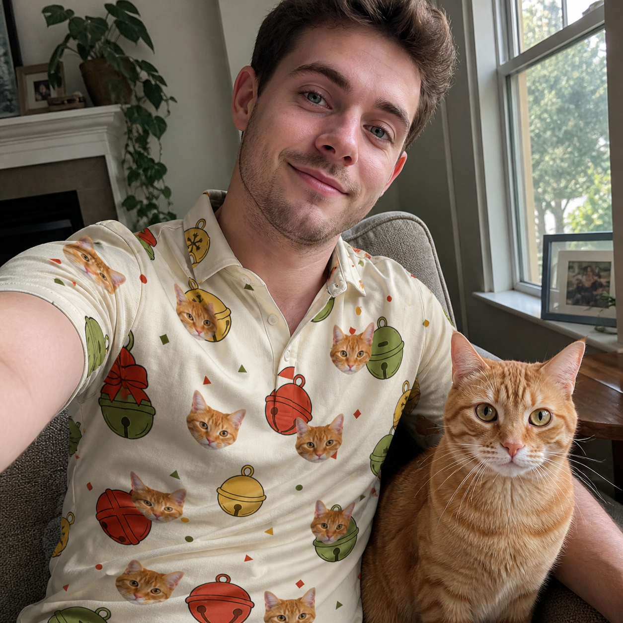 Selfie with the pet whose face is printed all over this Men's Chime Charms Custom Cat Face Polo Shirt