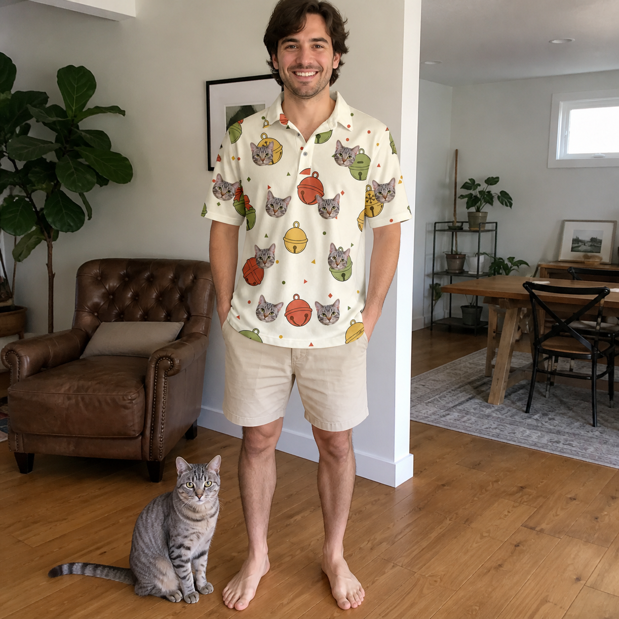 Full-length photo with the pet printed all over this Men's Chime Charms Custom Cat Face Polo Shirt