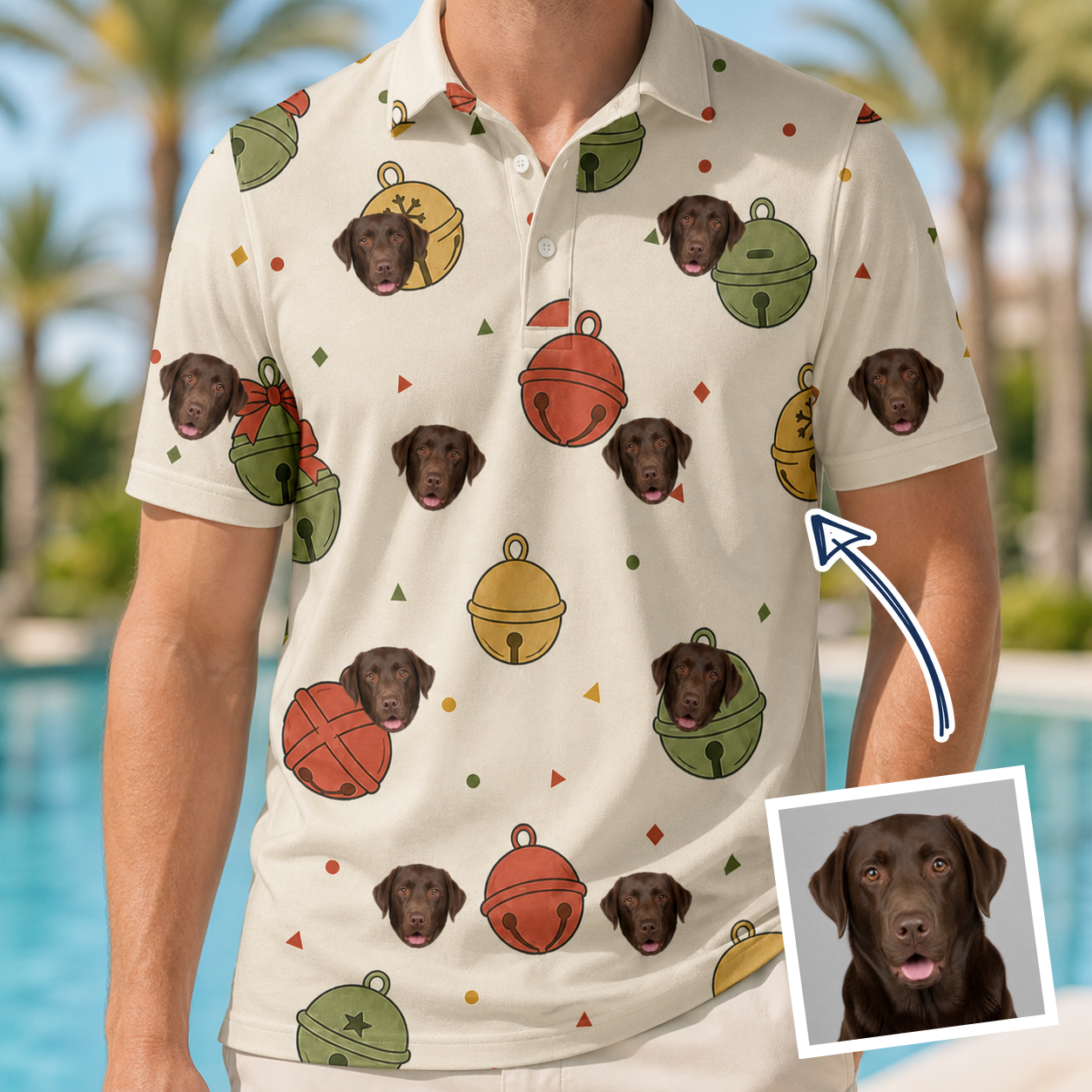 Man wearing Men's Chime Charms Custom Dog Face Polo Shirt — custom faces printed all-over