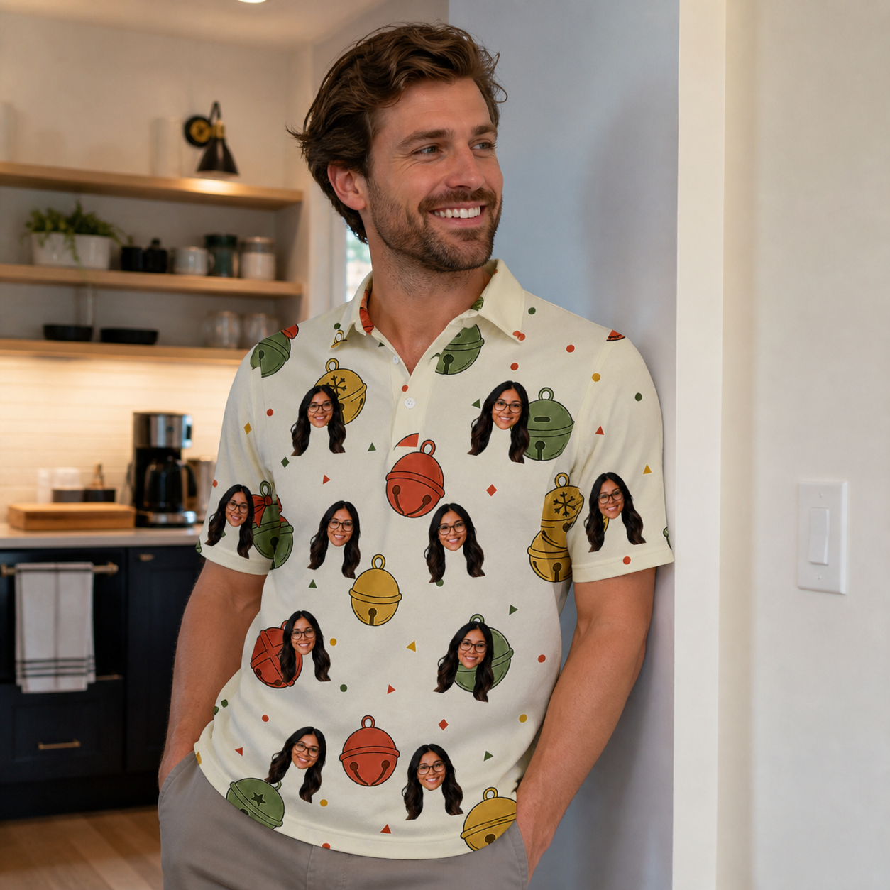 Real-life photo of someone wearing Men's Chime Charms Custom Face Polo Shirt — custom faces printed all-over