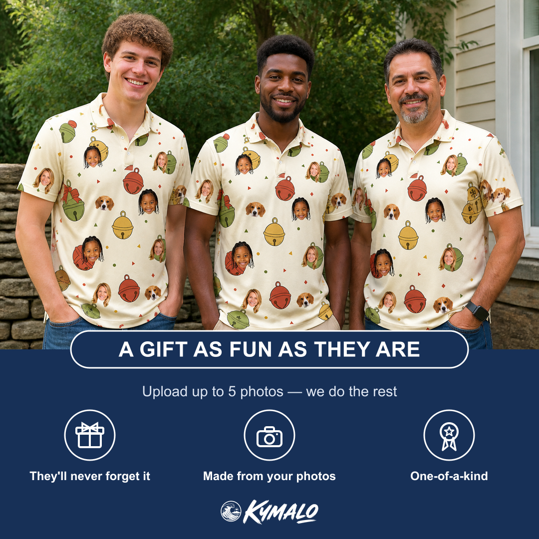 Friends in matching Men's Chime Charms Custom Face Polo Shirt — a group gift photo