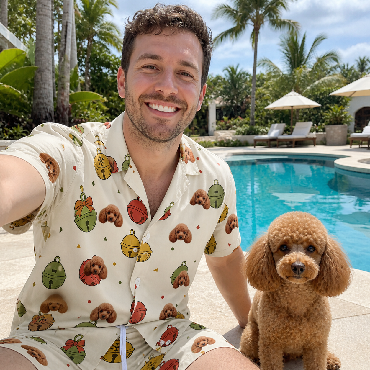 Selfie with the pet whose face is printed all over this Men's Chime Charms Custom Dog Face Shirt & Shorts Set