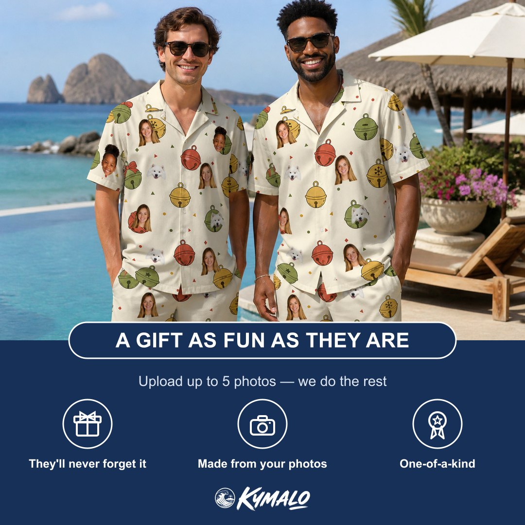 Friends in matching Men's Chime Charms Custom Face Shirt & Shorts Set — a group gift photo
