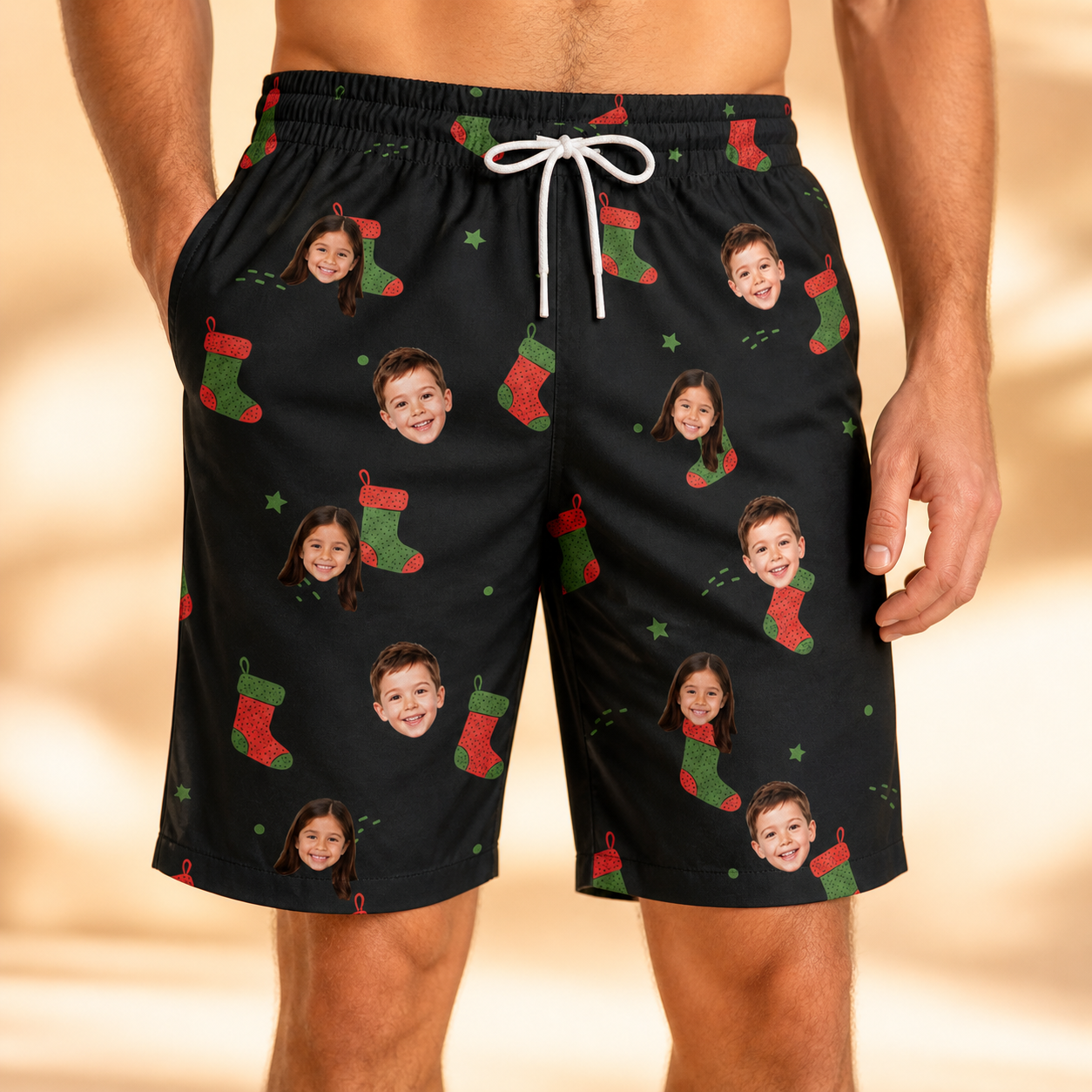 Model wearing Men's Stocking Stuffer Custom Face Beach Shorts printed with kids' faces