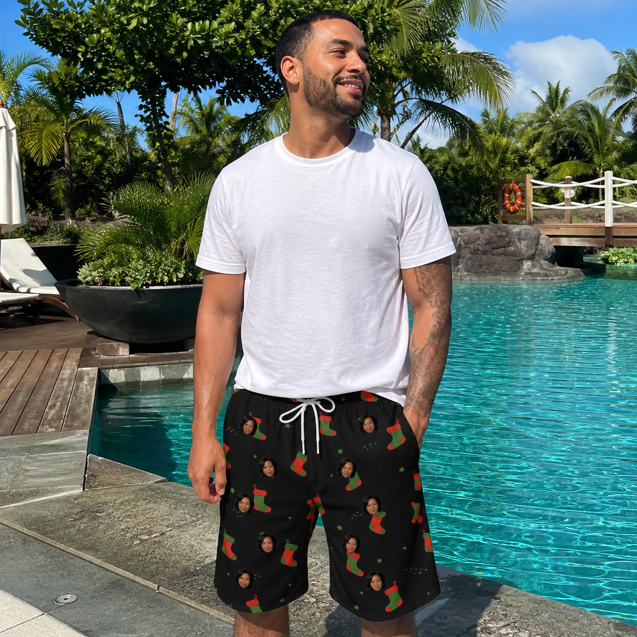 Real-life photo of someone wearing Men's Stocking Stuffer Custom Face Beach Shorts — custom faces printed all-over