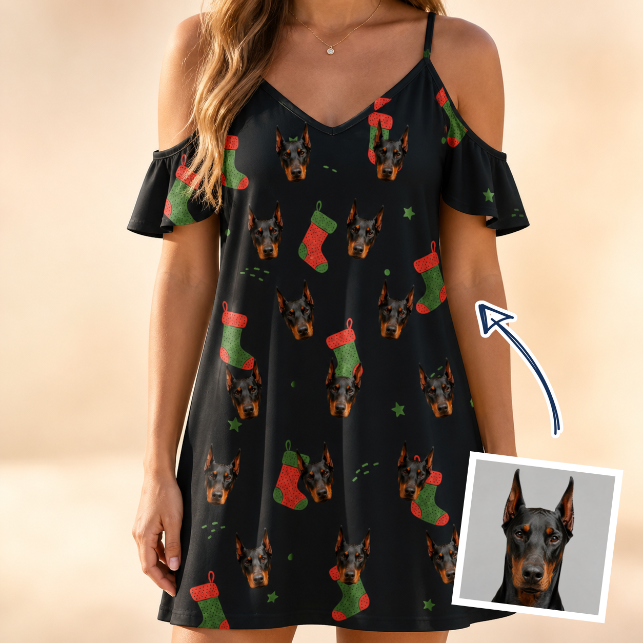 Woman wearing Women's Stocking Stuffer Custom Dog Face Off-Shoulder Dress — custom faces printed all-over