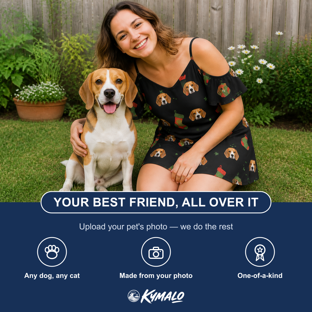 Friends in matching Women's Stocking Stuffer Custom Dog Face Off-Shoulder Dress — a group gift photo