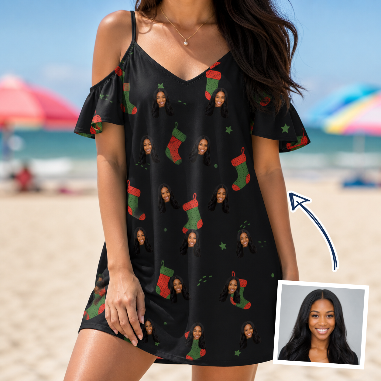 Woman wearing Women's Stocking Stuffer Custom Face Off-Shoulder Dress — custom faces printed all-over