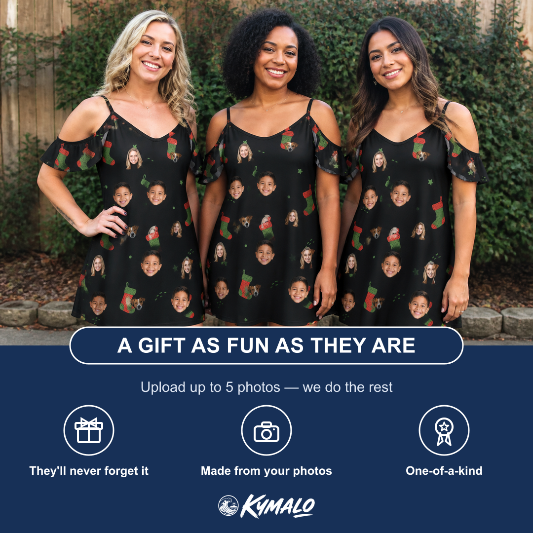 Friends in matching Women's Stocking Stuffer Custom Face Off-Shoulder Dress — a group gift photo