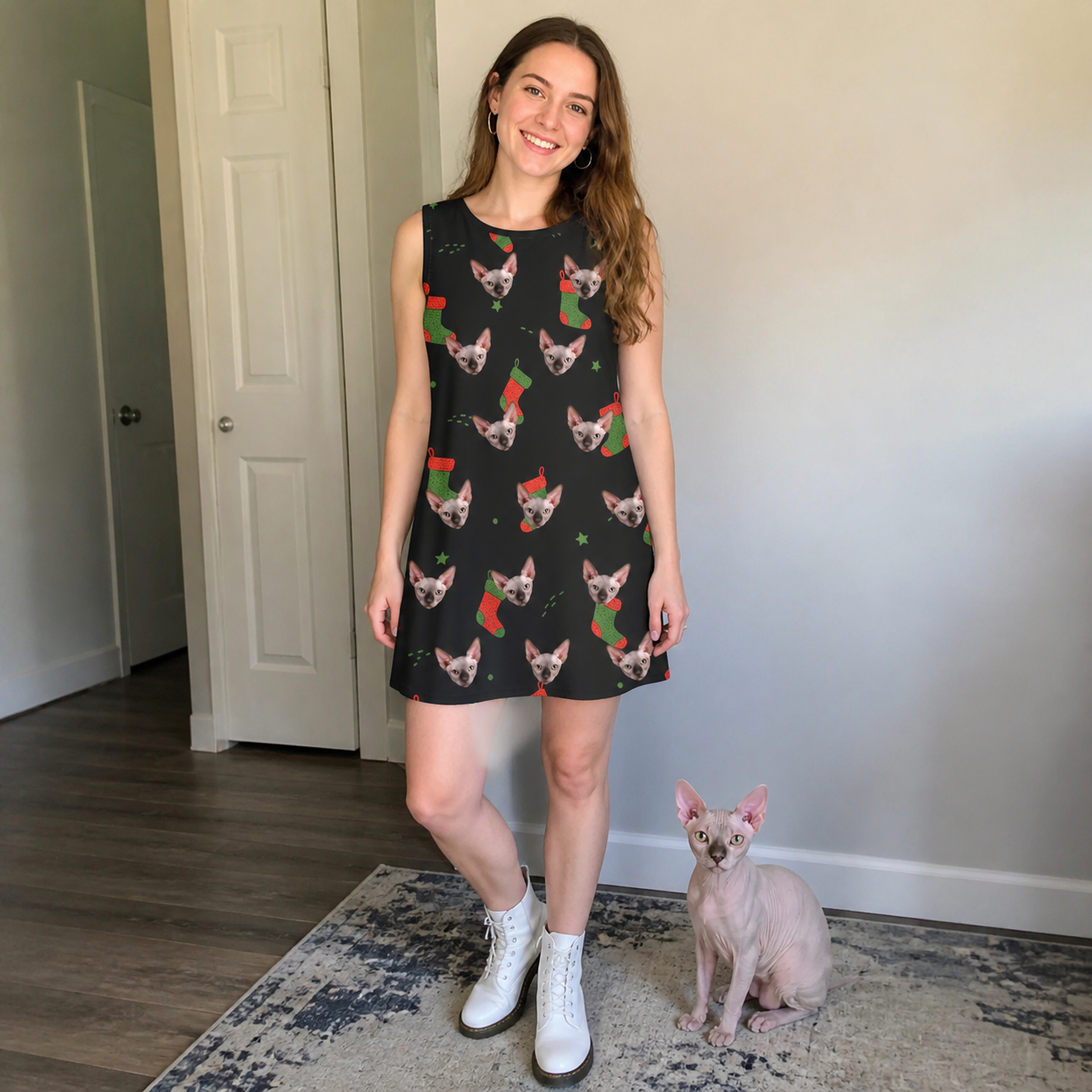 Full-length photo with the pet printed all over this Women's Stocking Stuffer Custom Cat Face Tank Dress