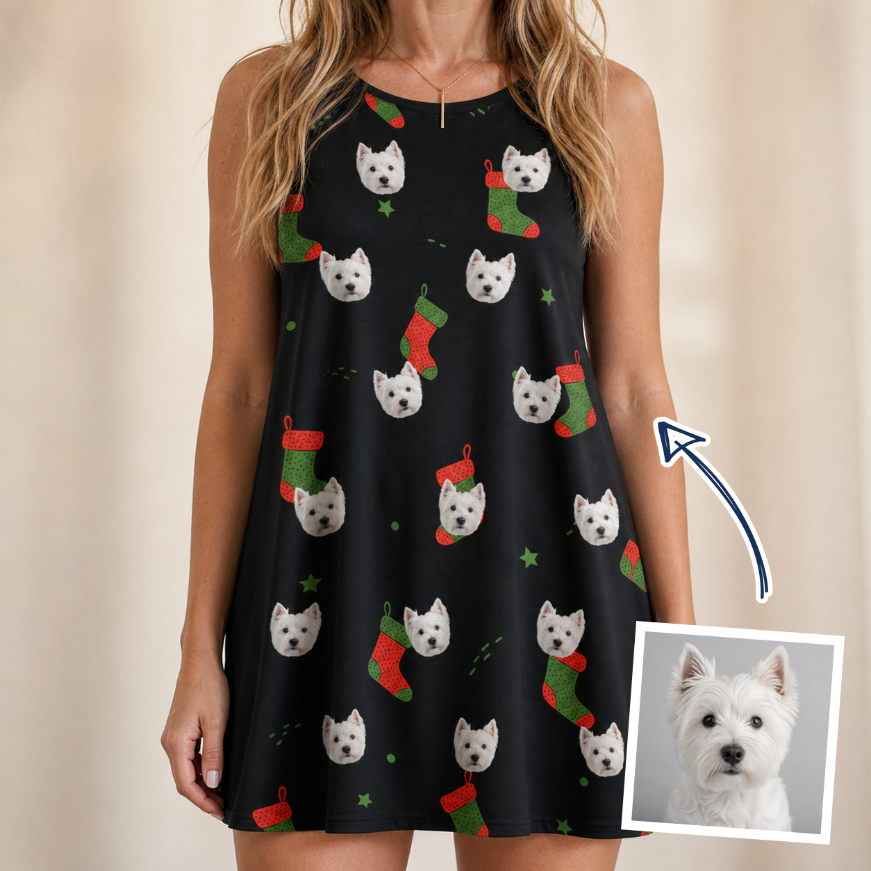 Woman wearing Women's Stocking Stuffer Custom Dog Face Tank Dress — custom faces printed all-over