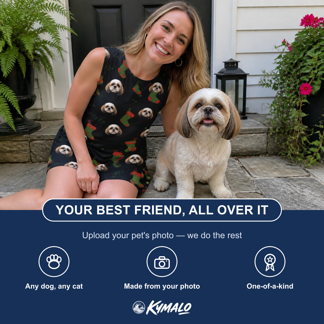 Friends in matching Women's Stocking Stuffer Custom Dog Face Tank Dress — a group gift photo