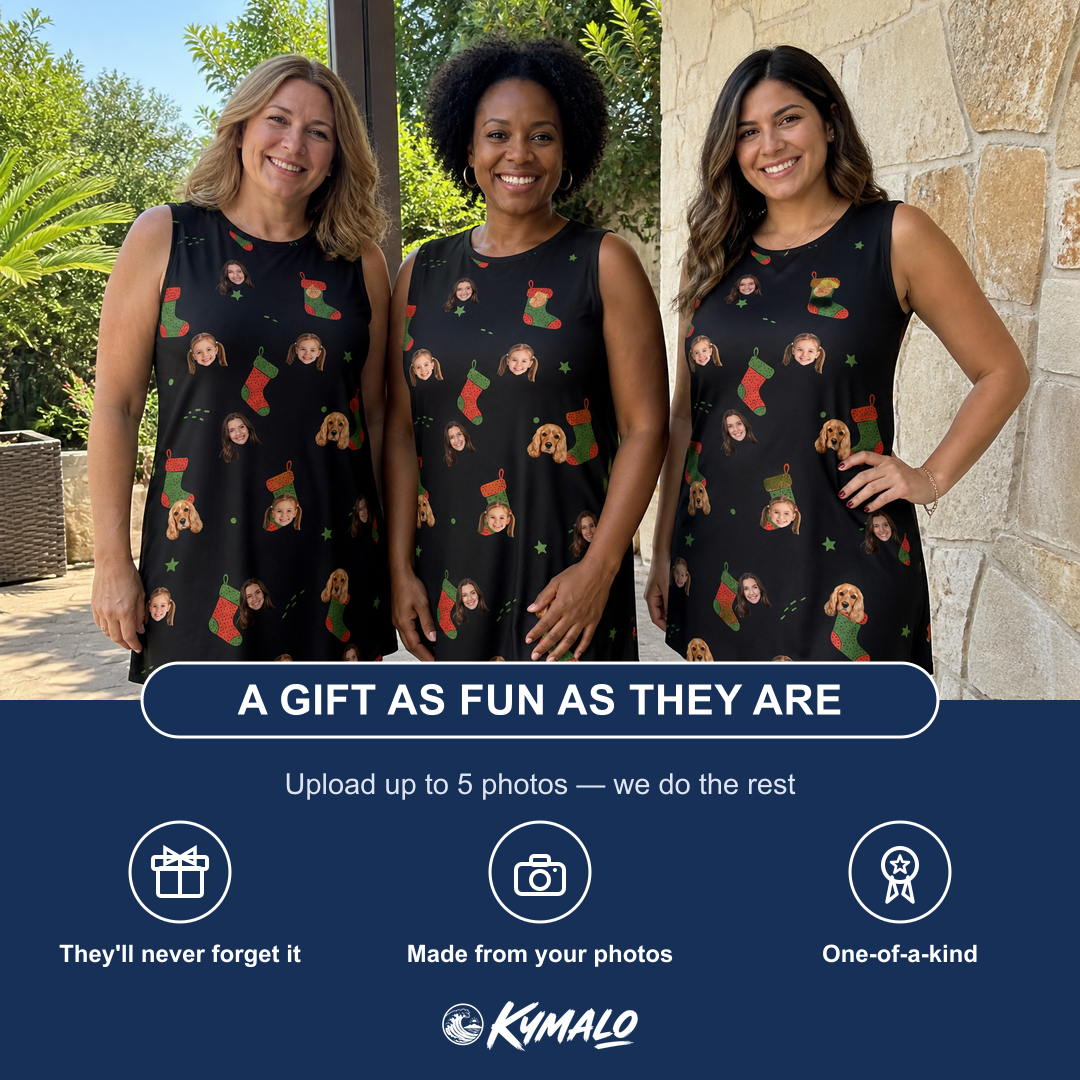 Friends in matching Women's Stocking Stuffer Custom Face Tank Dress — a group gift photo