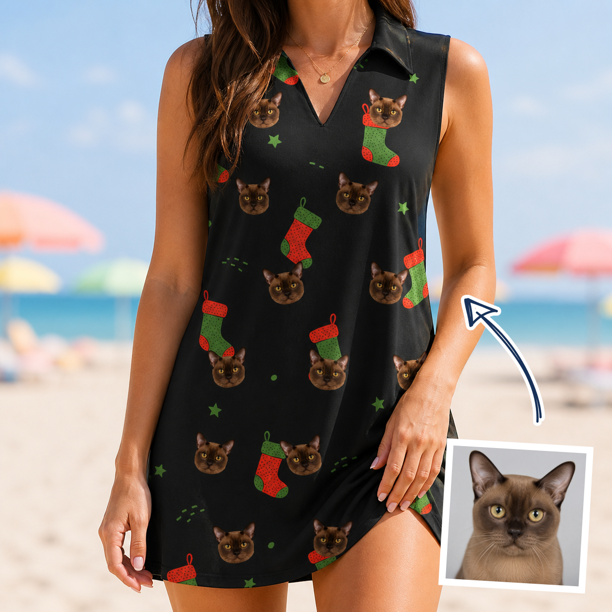 Woman wearing Women's Stocking Stuffer Custom Cat Face V-Neck Dress — custom faces printed all-over