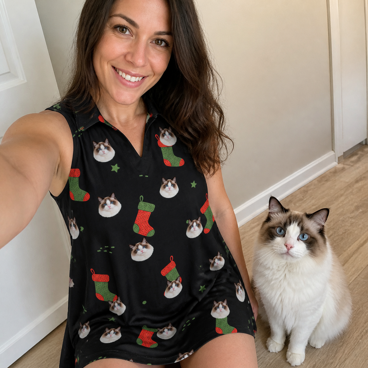 Selfie with the pet whose face is printed all over this Women's Stocking Stuffer Custom Cat Face V-Neck Dress