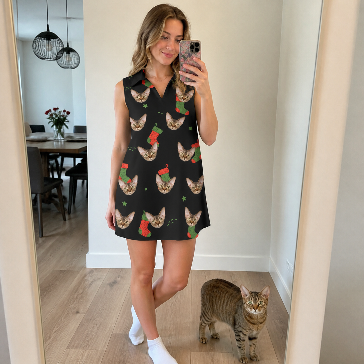 Full-length photo with the pet printed all over this Women's Stocking Stuffer Custom Cat Face V-Neck Dress