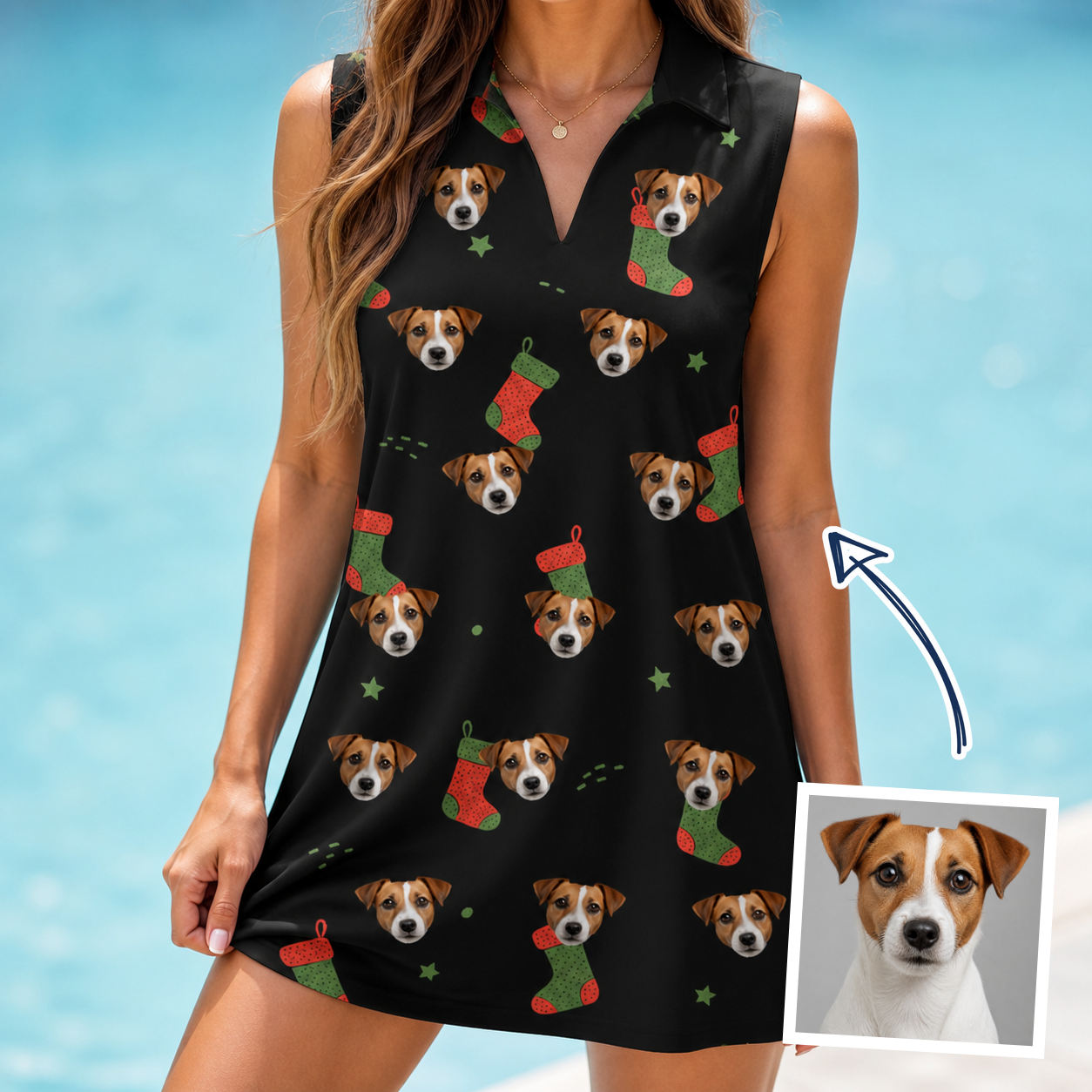 Woman wearing Women's Stocking Stuffer Custom Dog Face V-Neck Dress — custom faces printed all-over