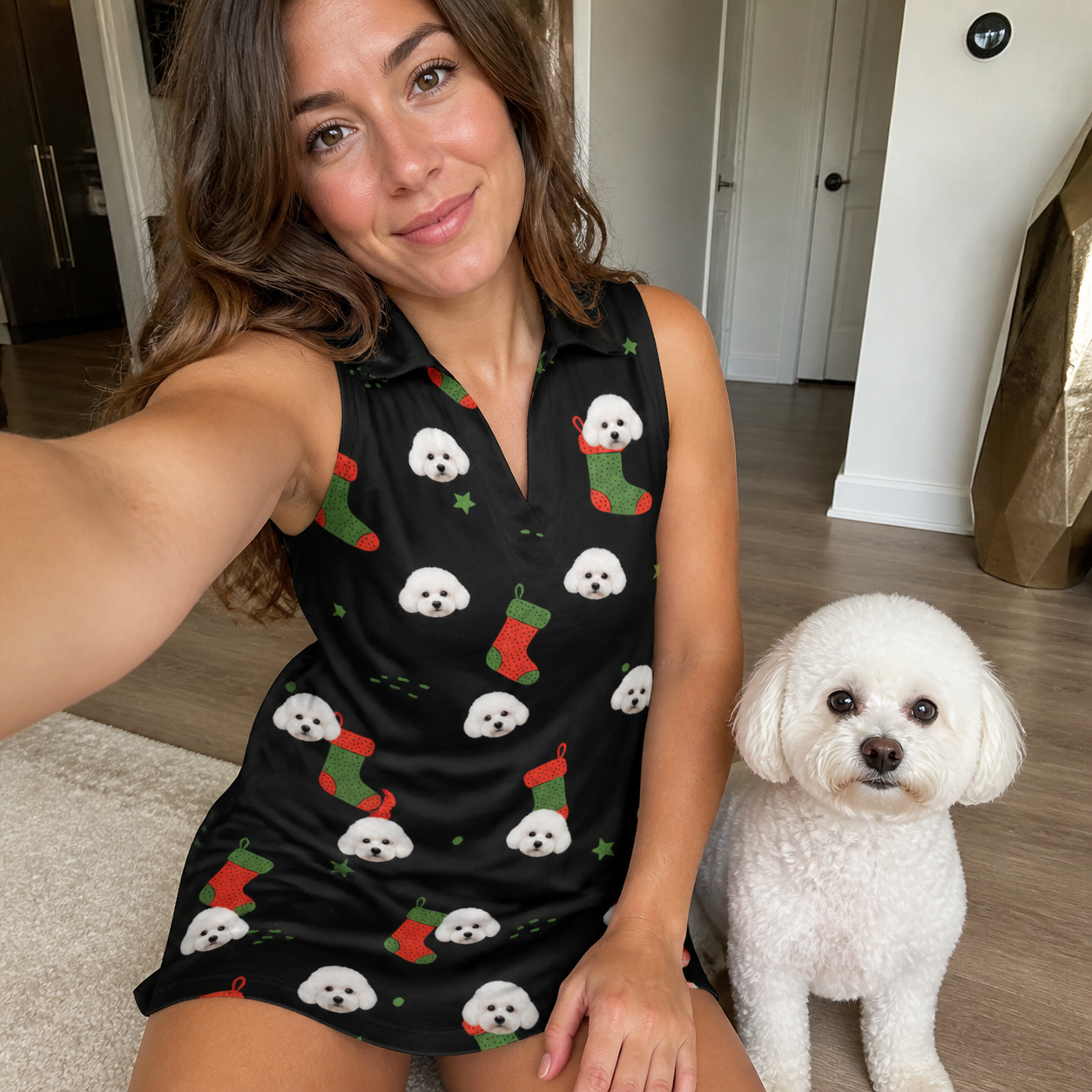 Selfie with the pet whose face is printed all over this Women's Stocking Stuffer Custom Dog Face V-Neck Dress