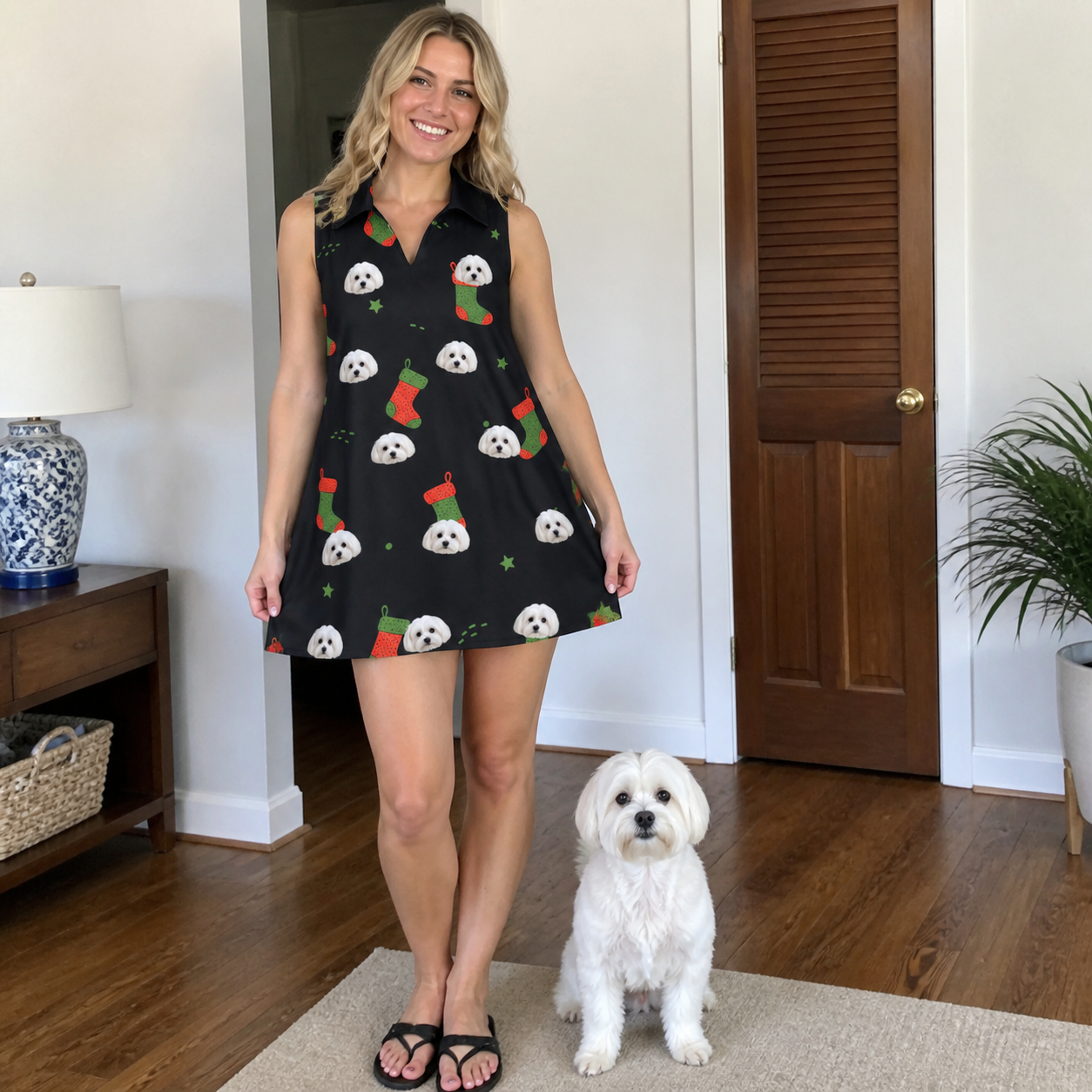 Full-length photo with the pet printed all over this Women's Stocking Stuffer Custom Dog Face V-Neck Dress