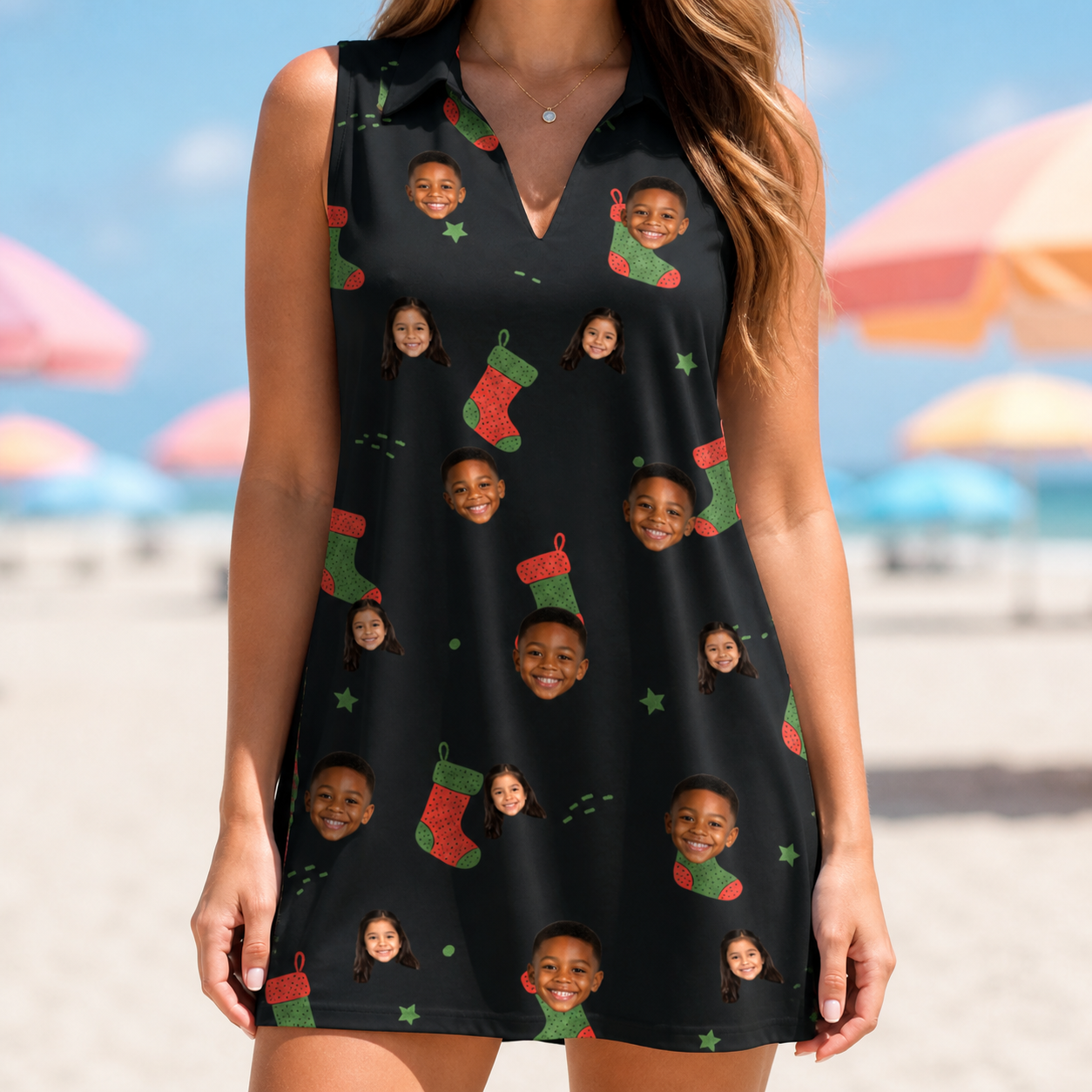 Model wearing Women's Stocking Stuffer Custom Face V-Neck Dress printed with kids' faces