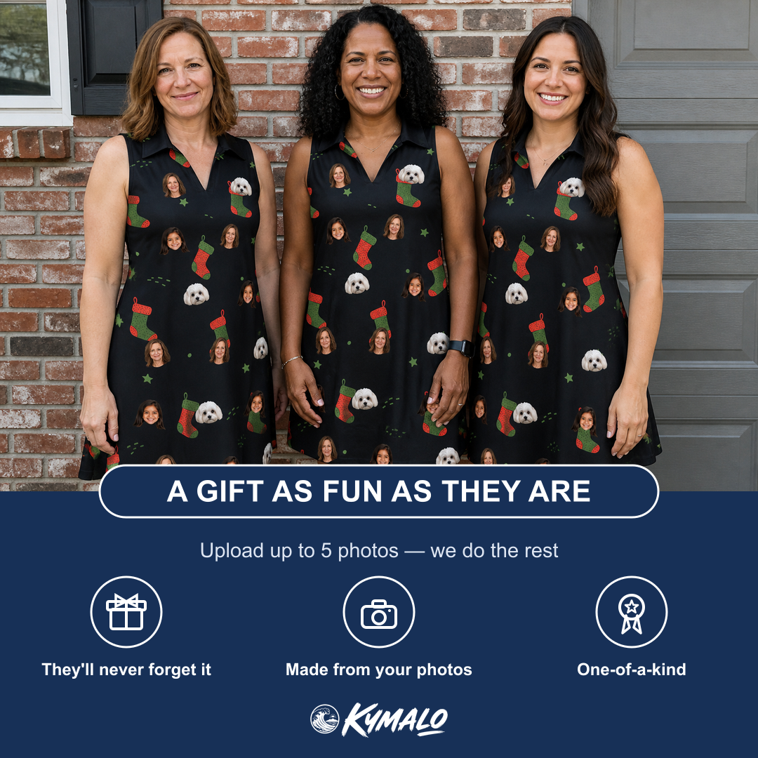 Friends in matching Women's Stocking Stuffer Custom Face V-Neck Dress — a group gift photo