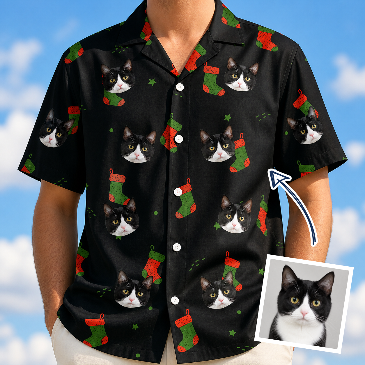 Man wearing Men's Stocking Stuffer Custom Cat Face Hawaiian Shirt — custom faces printed all-over