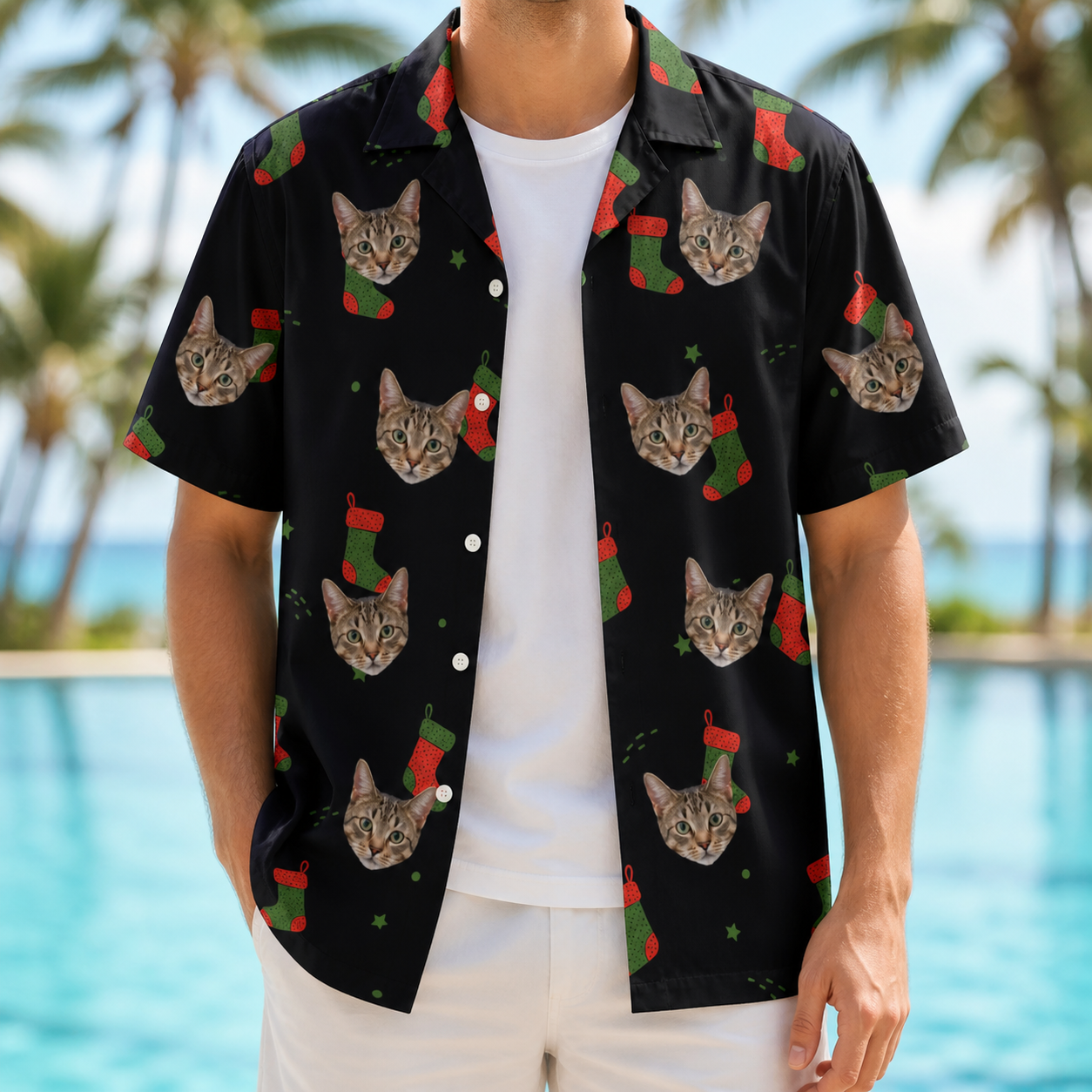 Man wearing Men's Stocking Stuffer Custom Cat Face Hawaiian Shirt open over a white tee