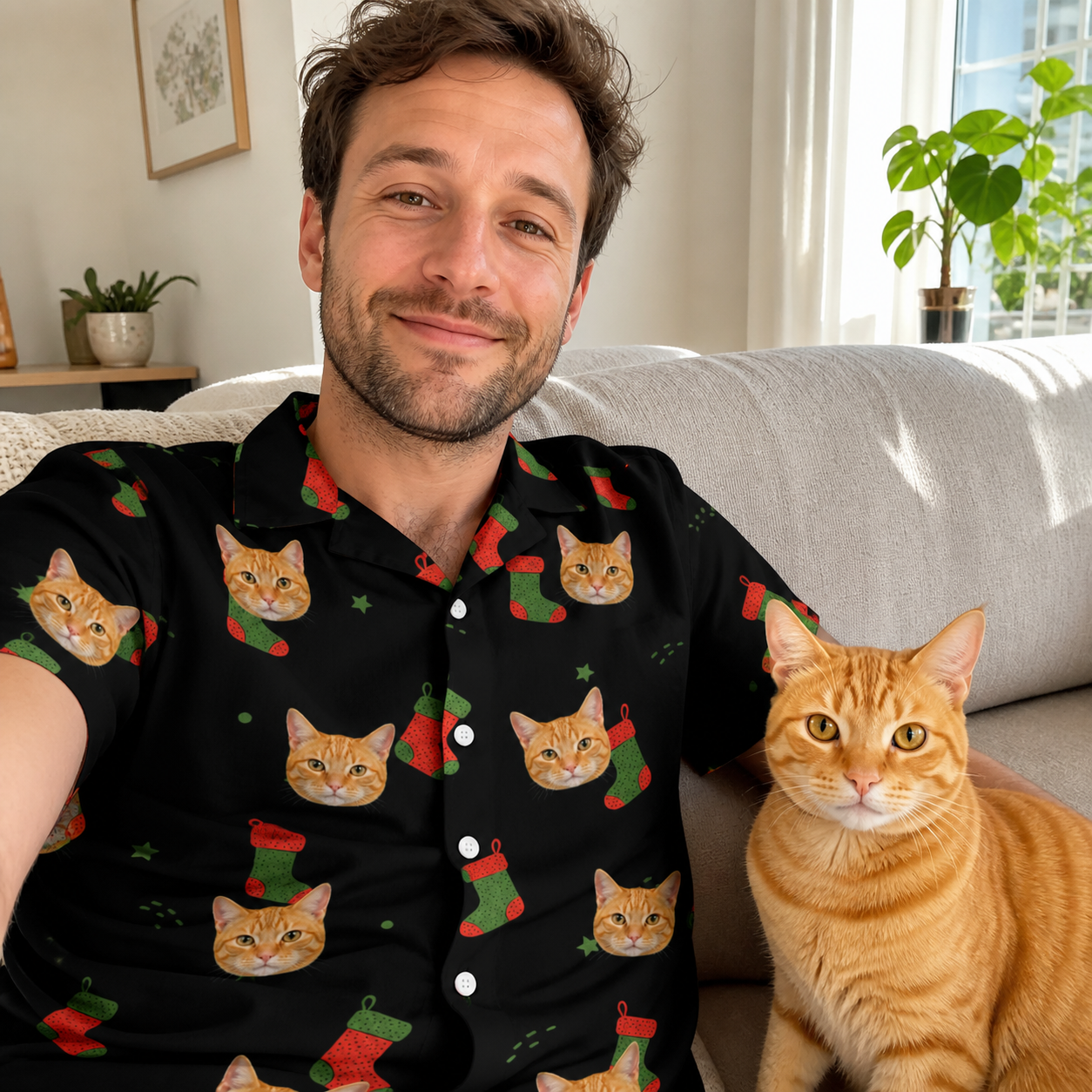 Selfie with the pet whose face is printed all over this Men's Stocking Stuffer Custom Cat Face Hawaiian Shirt