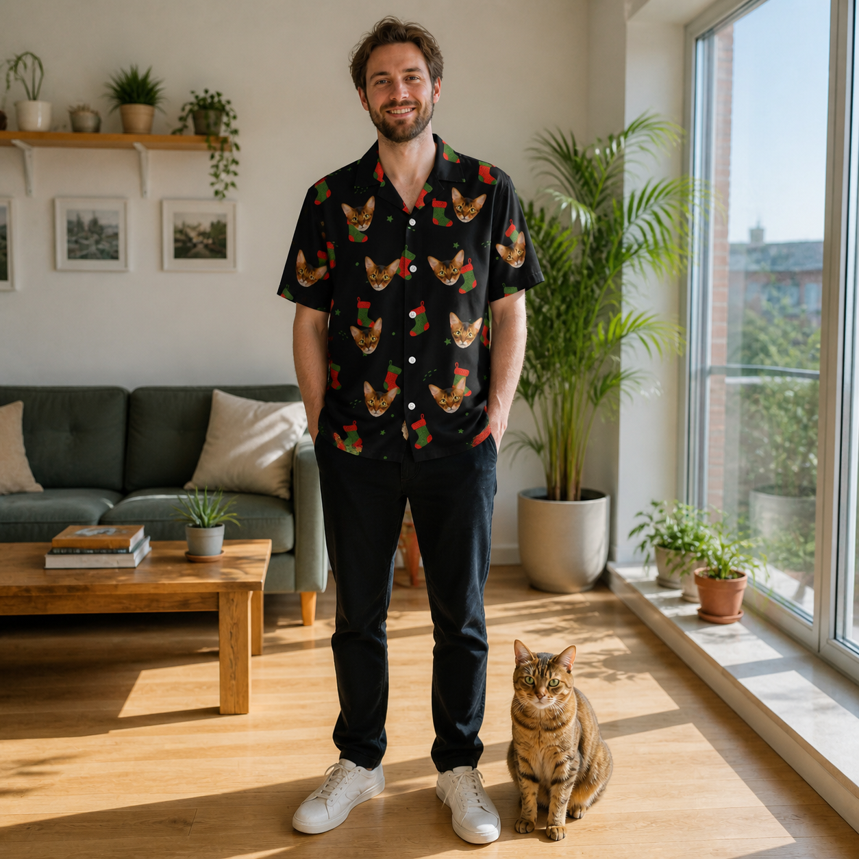 Full-length photo with the pet printed all over this Men's Stocking Stuffer Custom Cat Face Hawaiian Shirt