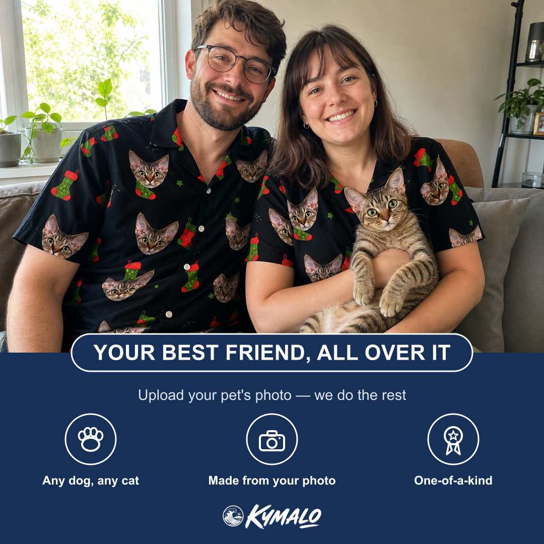 Friends in matching Men's Stocking Stuffer Custom Cat Face Hawaiian Shirt — a group gift photo