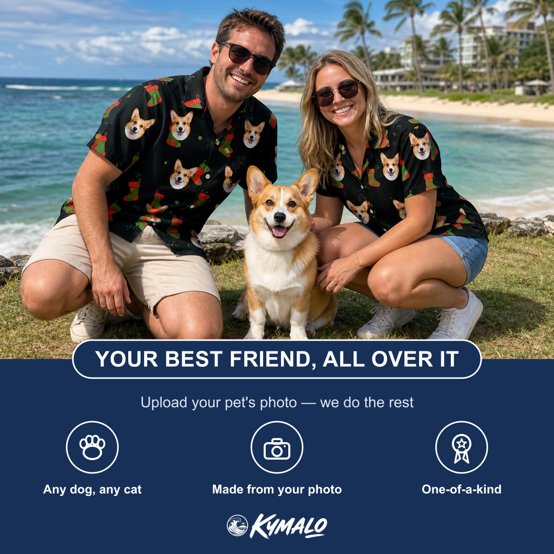 Friends in matching Men's Stocking Stuffer Custom Dog Face Hawaiian Shirt — a group gift photo