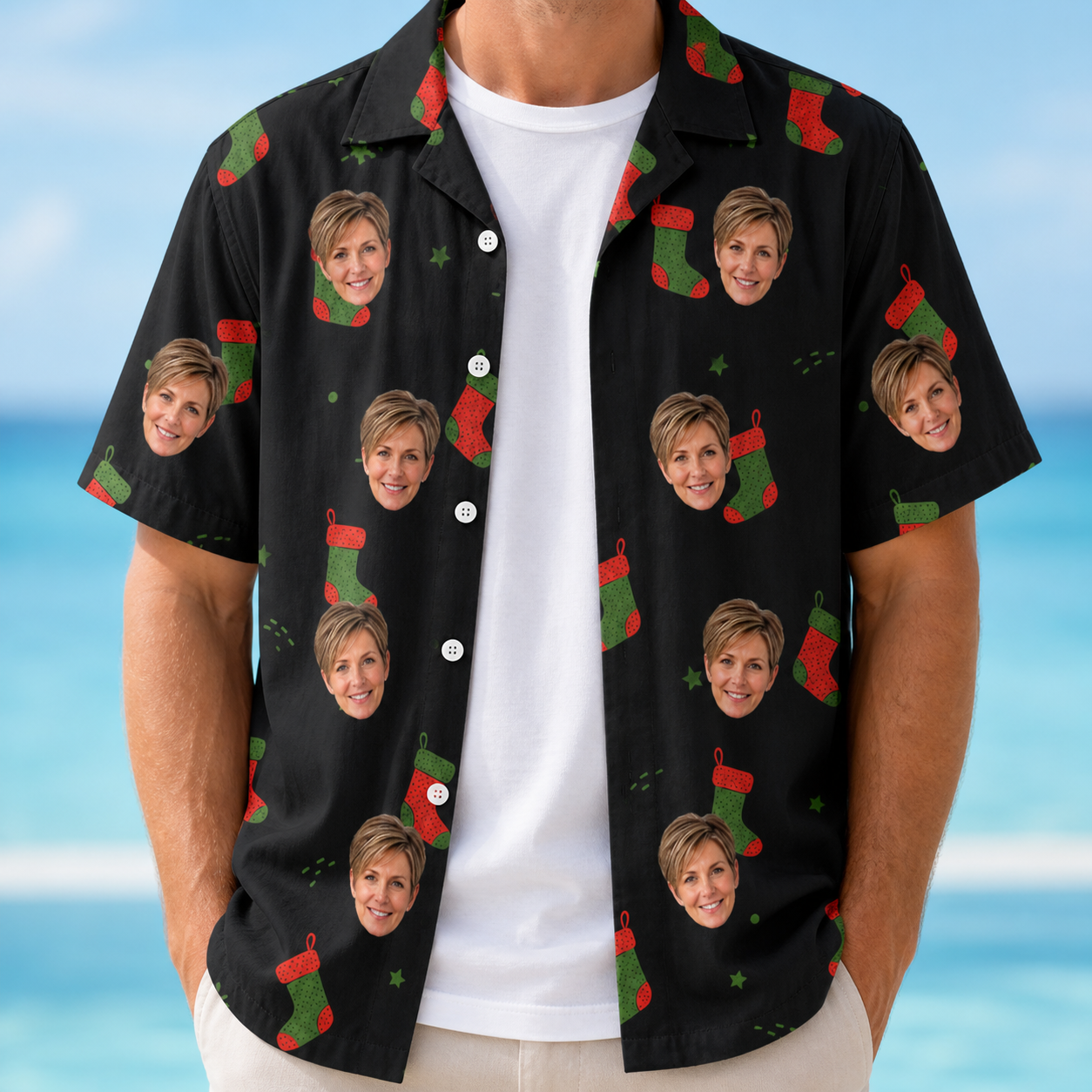 Man wearing Men's Stocking Stuffer Custom Face Hawaiian Shirt open over a white tee