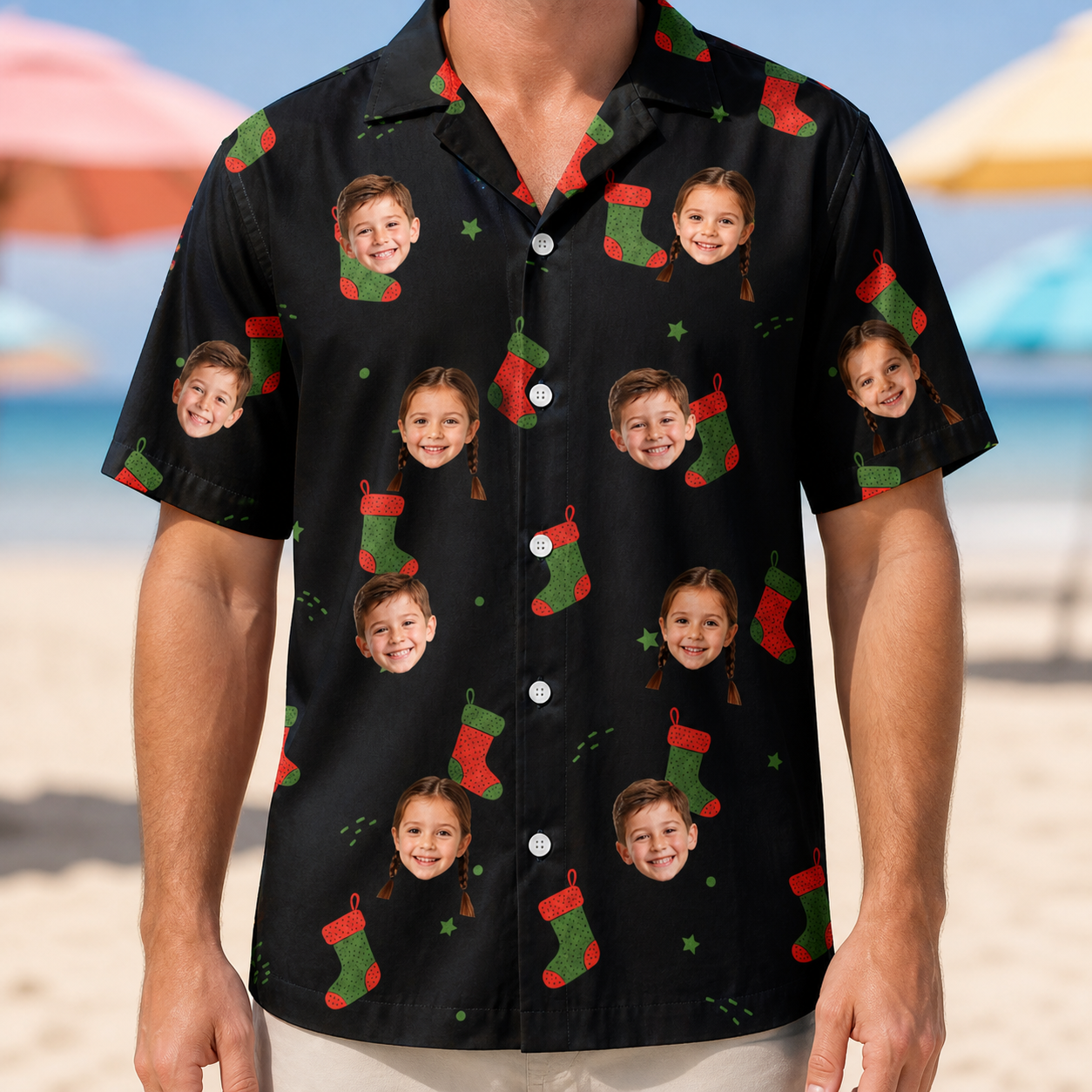 Model wearing Men's Stocking Stuffer Custom Face Hawaiian Shirt printed with kids' faces