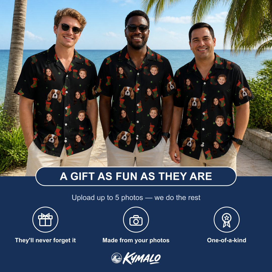 Friends in matching Men's Stocking Stuffer Custom Face Hawaiian Shirt — a group gift photo