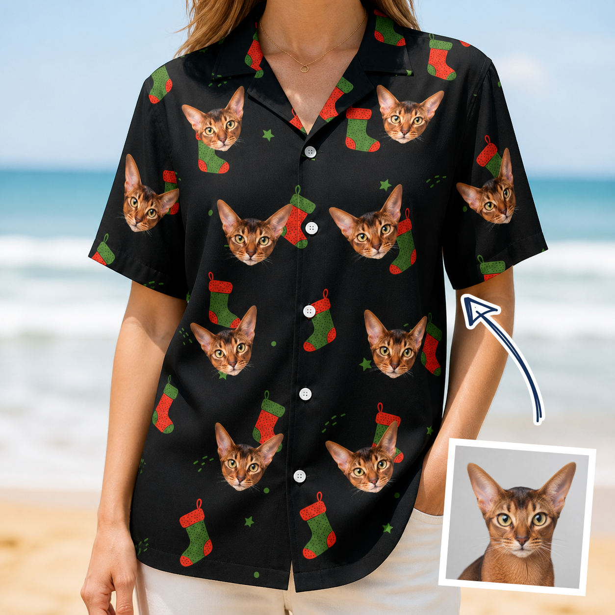Woman wearing Women's Stocking Stuffer Custom Cat Face Hawaiian Shirt — custom faces printed all-over