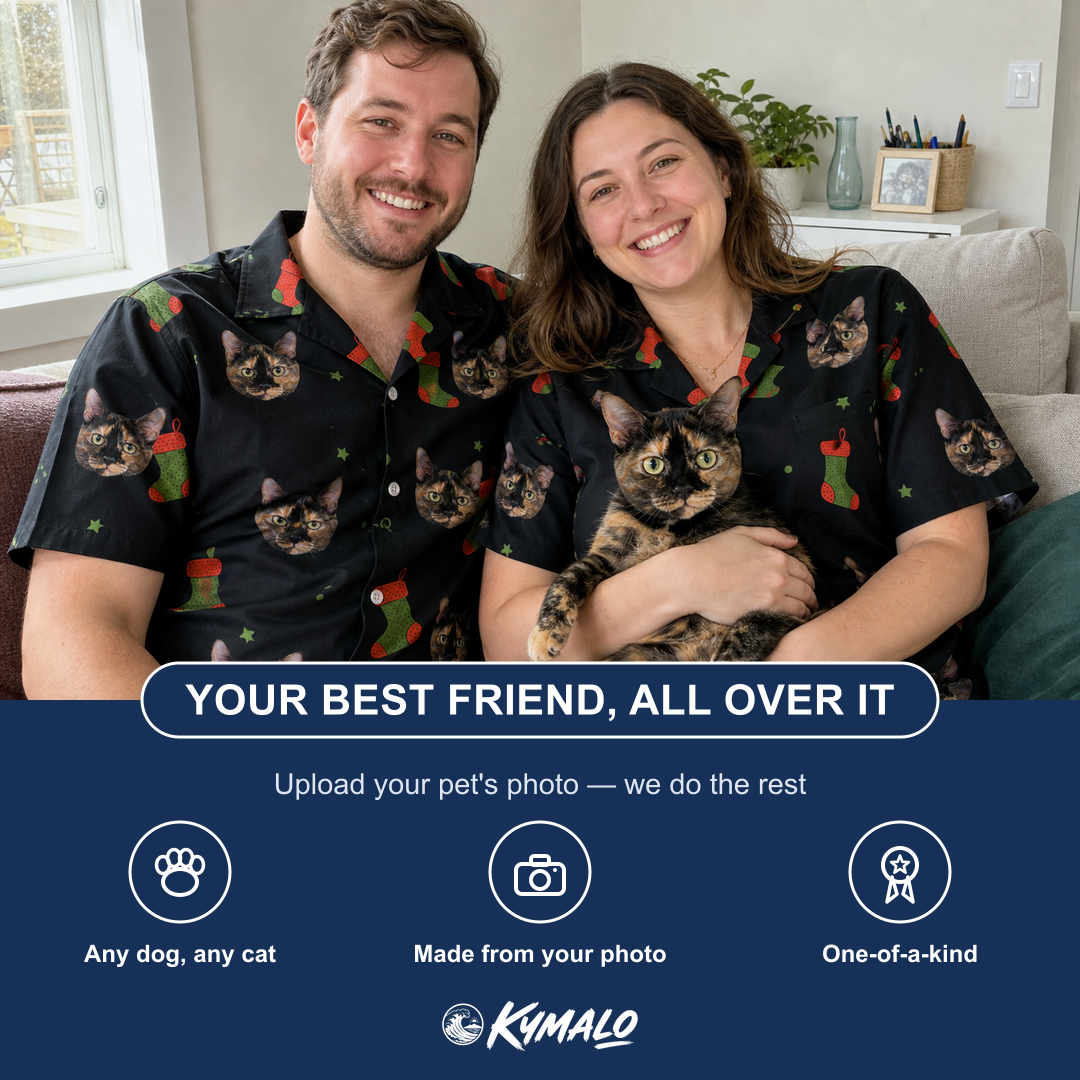 Friends in matching Women's Stocking Stuffer Custom Cat Face Hawaiian Shirt — a group gift photo