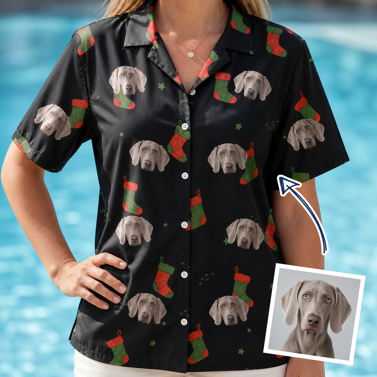 Woman wearing Women's Stocking Stuffer Custom Dog Face Hawaiian Shirt — custom faces printed all-over