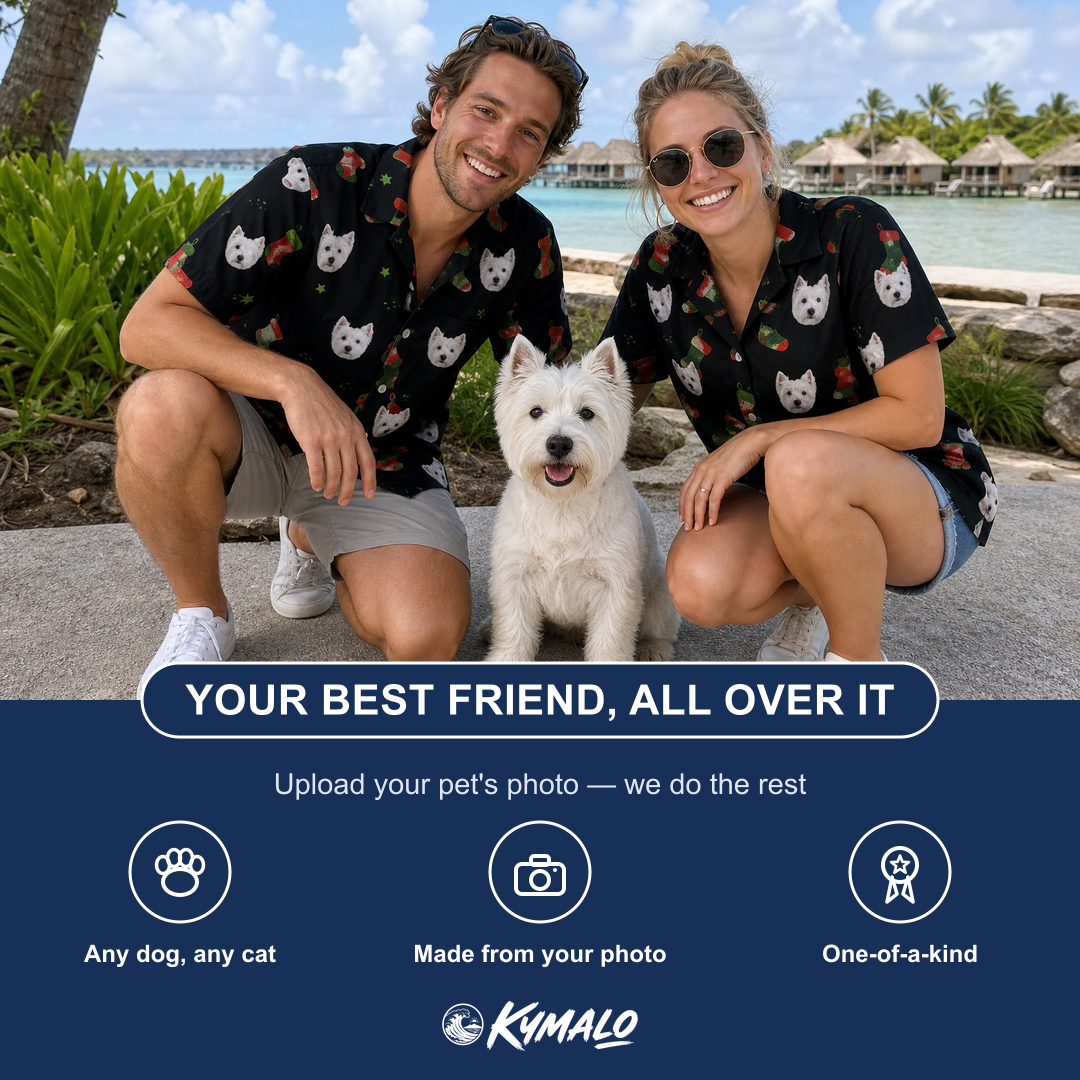 Friends in matching Women's Stocking Stuffer Custom Dog Face Hawaiian Shirt — a group gift photo