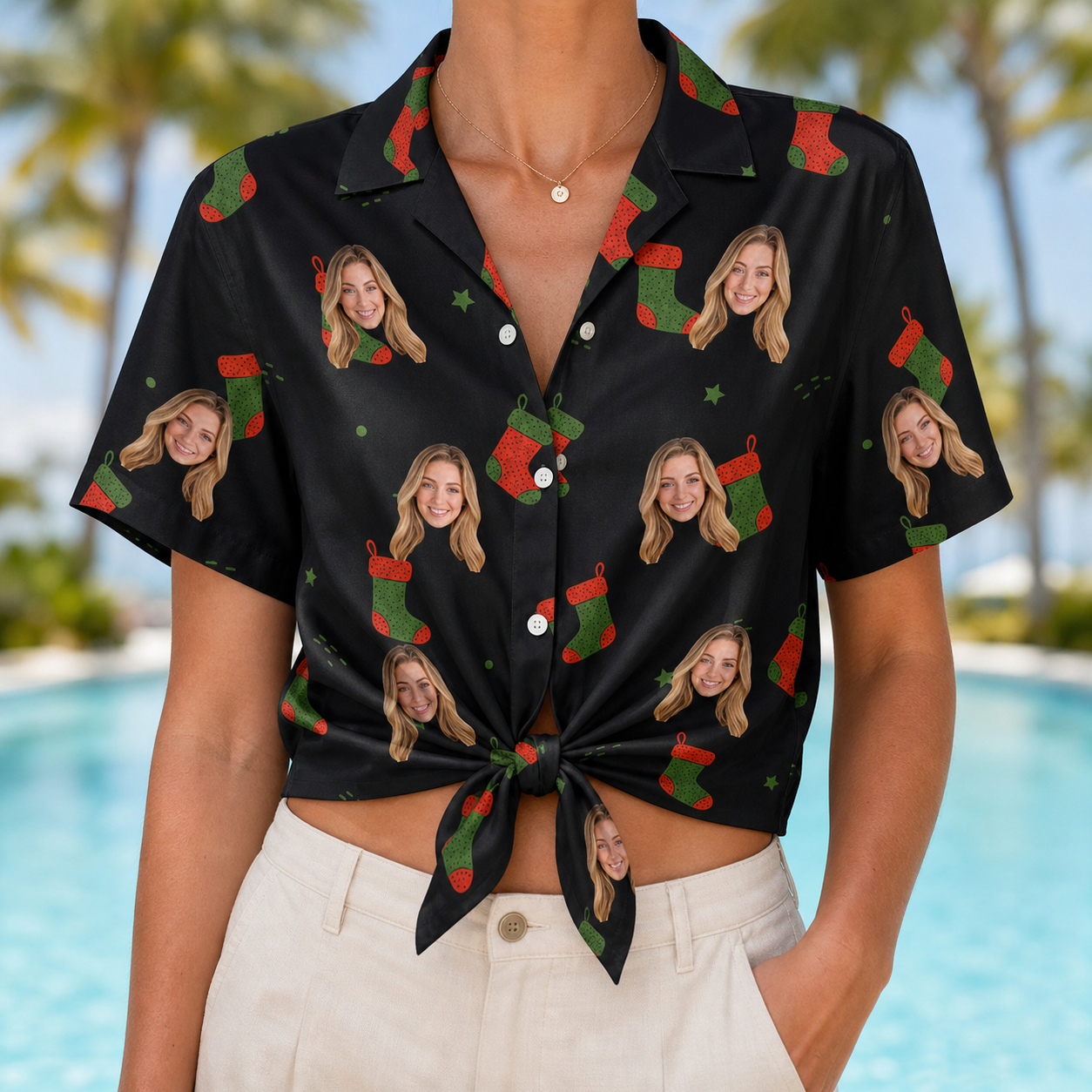 Woman wearing Women's Stocking Stuffer Custom Face Hawaiian Shirt tied at the waist