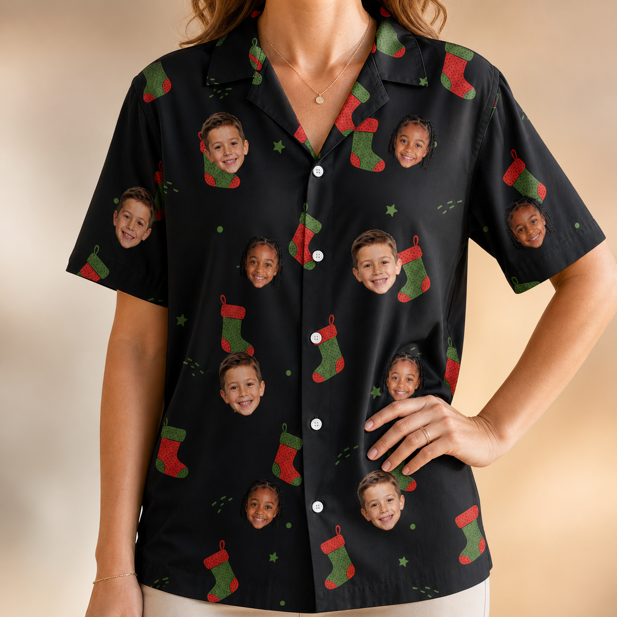 Model wearing Women's Stocking Stuffer Custom Face Hawaiian Shirt printed with kids' faces