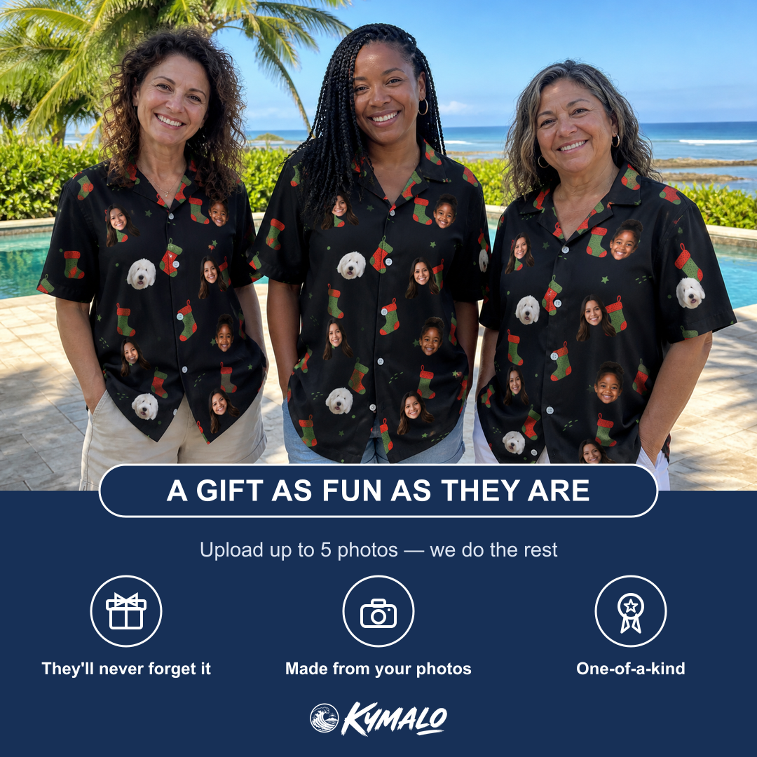 Friends in matching Women's Stocking Stuffer Custom Face Hawaiian Shirt — a group gift photo