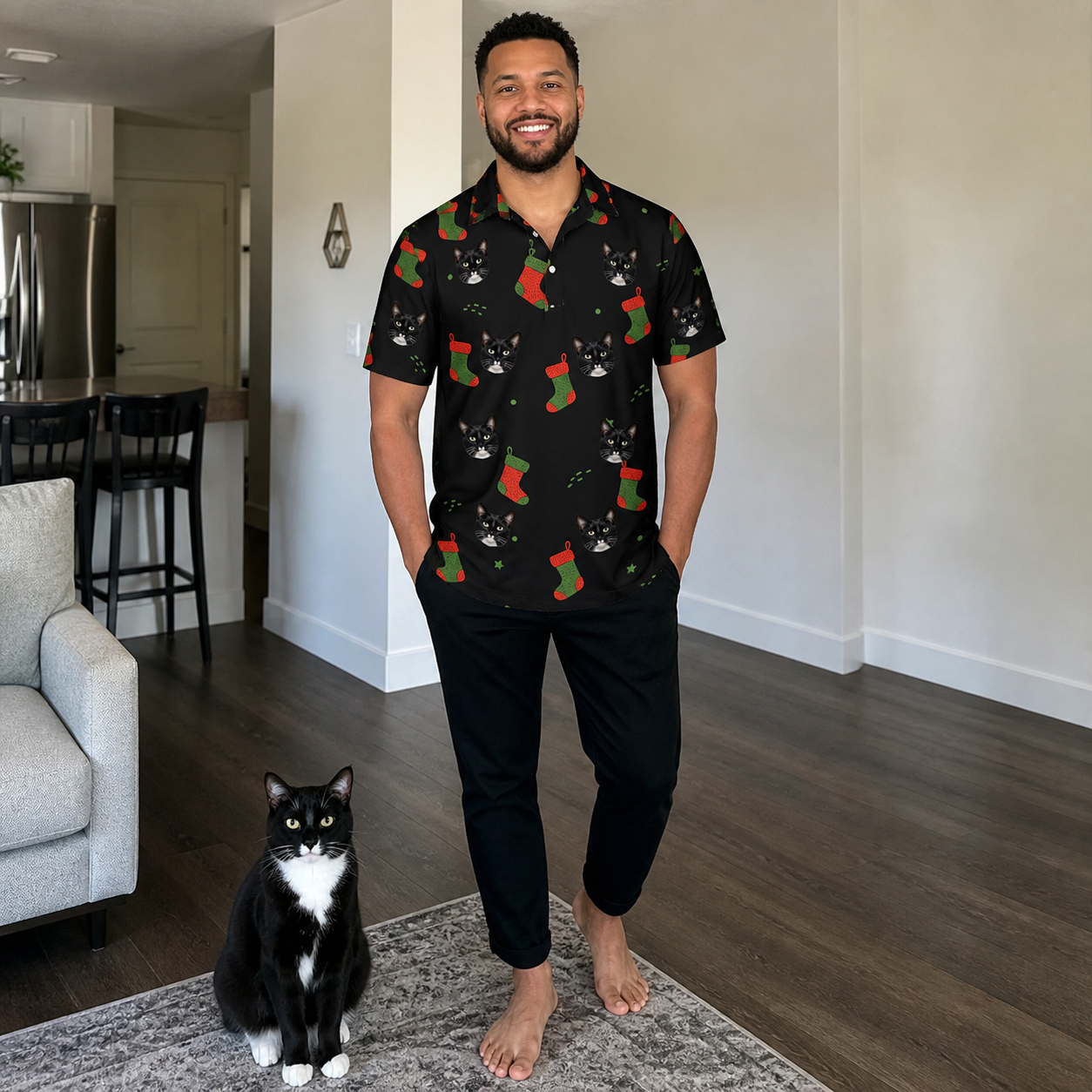 Full-length photo with the pet printed all over this Men's Stocking Stuffer Custom Cat Face Polo Shirt