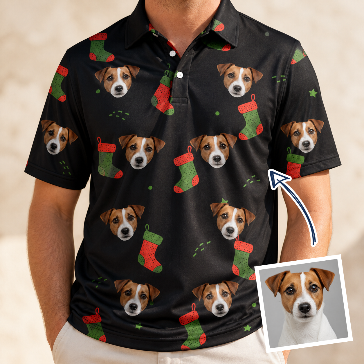 Man wearing Men's Stocking Stuffer Custom Dog Face Polo Shirt — custom faces printed all-over