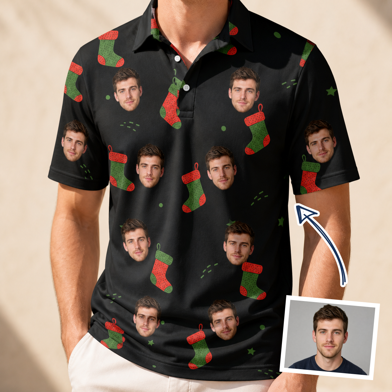 Man wearing Men's Stocking Stuffer Custom Face Polo Shirt — custom faces printed all-over