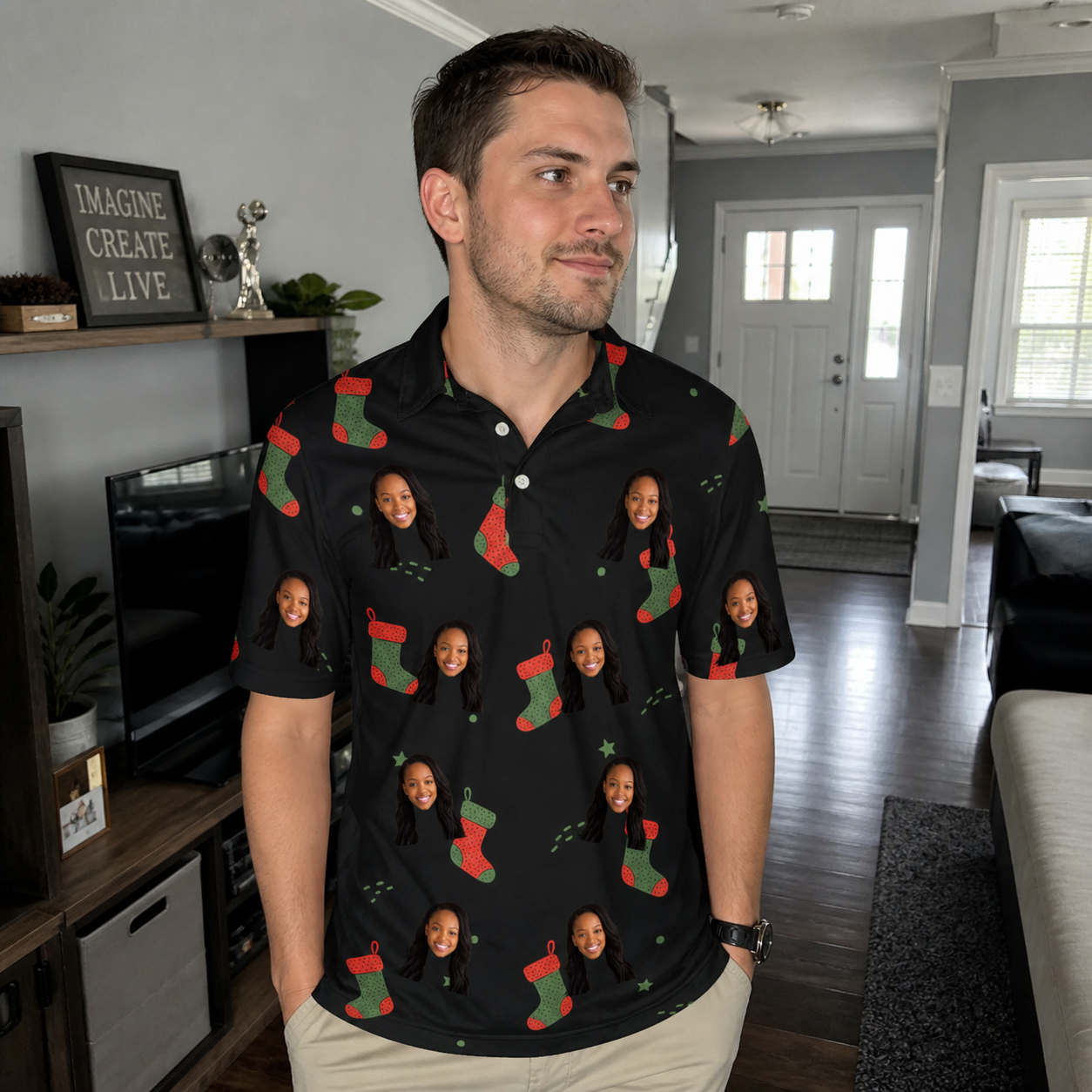 Real-life photo of someone wearing Men's Stocking Stuffer Custom Face Polo Shirt — custom faces printed all-over