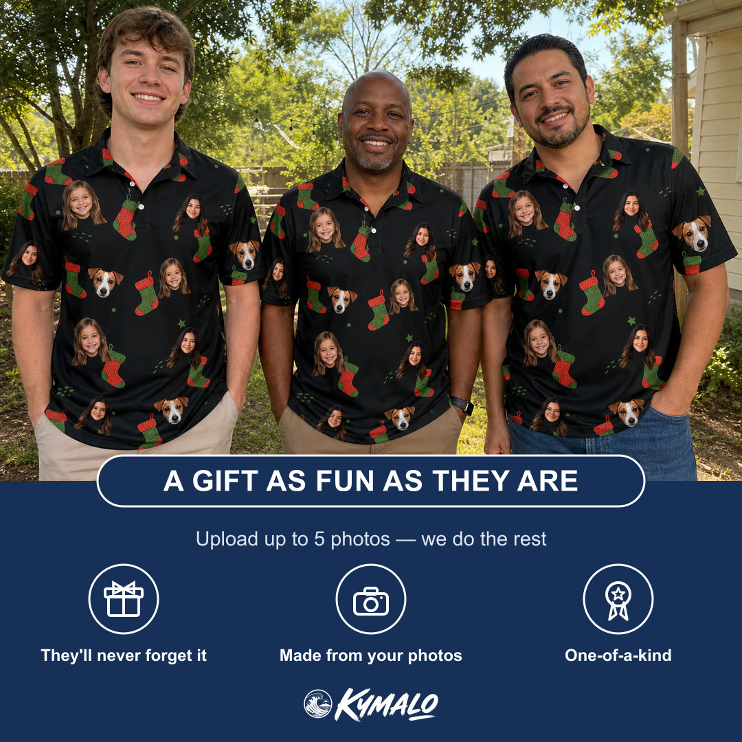 Friends in matching Men's Stocking Stuffer Custom Face Polo Shirt — a group gift photo