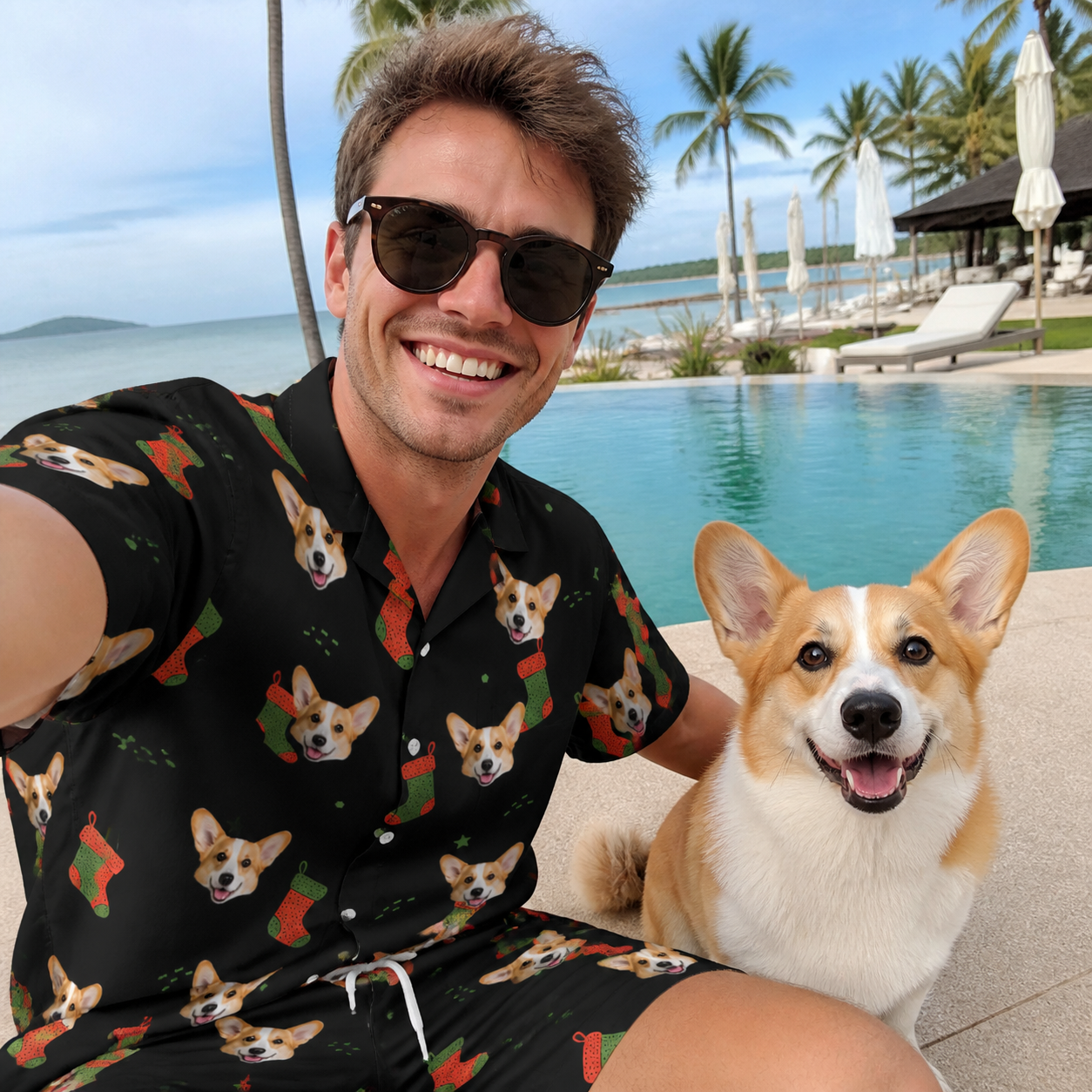 Selfie with the pet whose face is printed all over this Men's Stocking Stuffer Custom Dog Face Shirt & Shorts Set