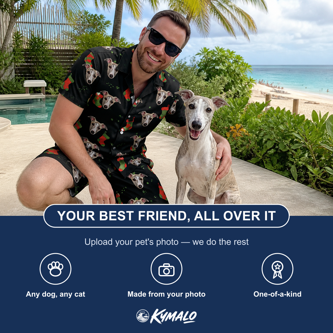 Friends in matching Men's Stocking Stuffer Custom Dog Face Shirt & Shorts Set — a group gift photo