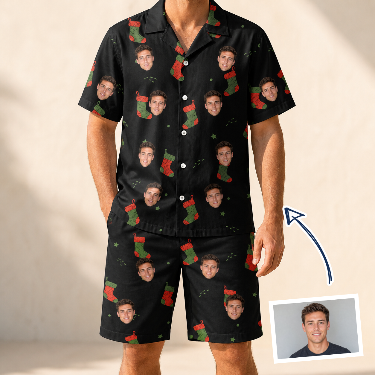 Man wearing Men's Stocking Stuffer Custom Face Shirt & Shorts Set — custom faces printed all-over