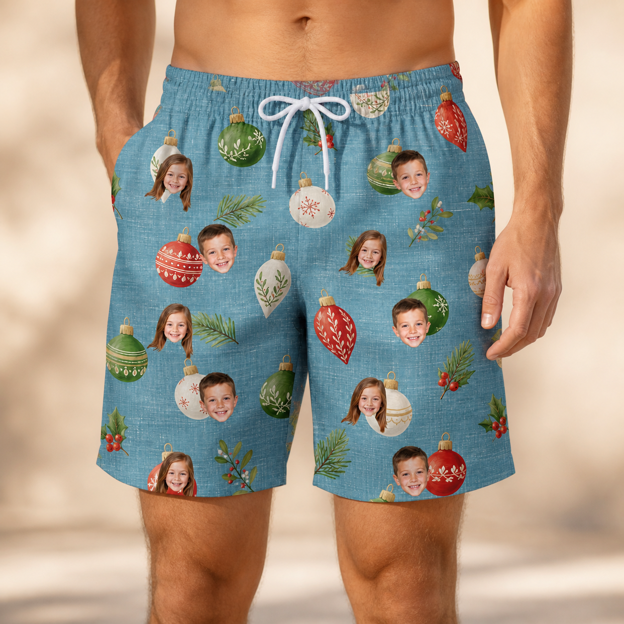 Model wearing Men's Glimmer Globes Custom Face Beach Shorts printed with kids' faces